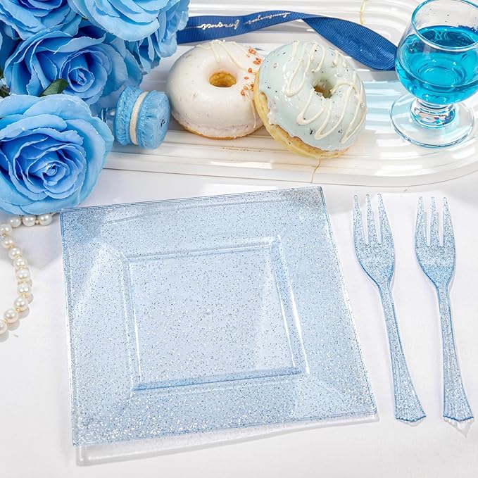 DaYammi 100Pcs Blue Glitter Dessert Plates Including 50Pcs Appetizer Plates 6" and 50Pcs Plastic Forks 5.7",Blue Plastic Square Plate for Party,plastic Salad Plate and Cake Forks for Wedding Birthday