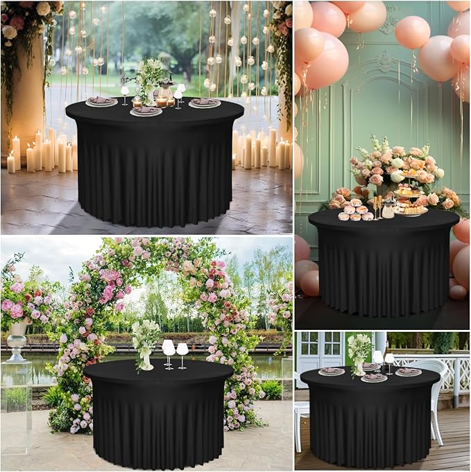 2 Pack 48" Diameter x 30" Height Black Table Skirt | Fits 4FT Round Tables |Polyester Spandex Round Table Cloths with Skirt|Stain 、Wrinkle Resistant、 for Wedding,Party,Dining,Banquet