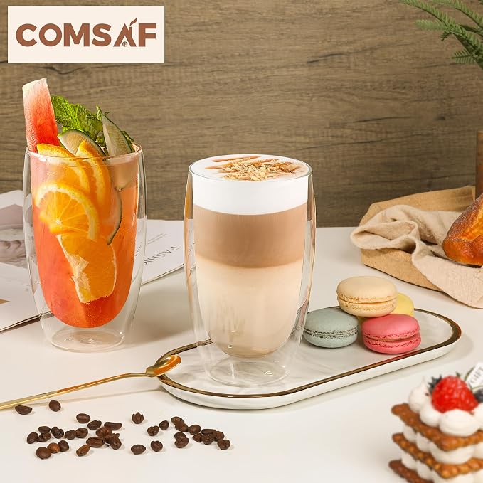 ComSaf 15oz Double Wall Glass Coffee Mugs, Insulated Latte Cups Set of 2 - Image 3
