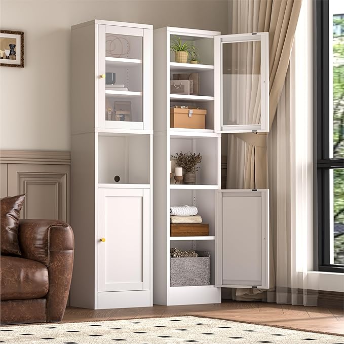 Metal Storage Cabinet with Glass Door, Tall Slim Pantry Organizer with 3 Adjustable Shelves (120LBS/Shelf), Anti-Tipping Waterproof Cabinet for Kitchen/Home Office/Small Spaces,(1PC,White)