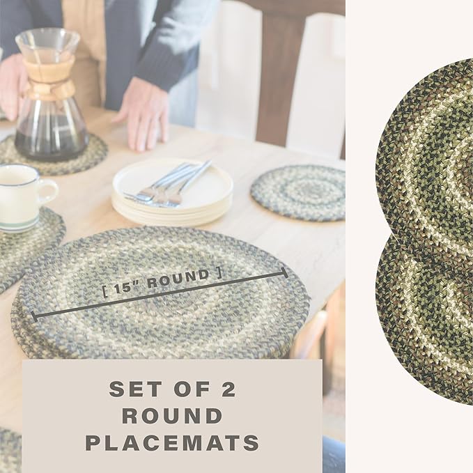Homespice Pinecone Round Braided Placemats, Warm Country Rustic Decor, Set of 2, 15", Green Jute Table Mats - Vibrant Colors, Durable, Easy to Clean and Protects Furniture