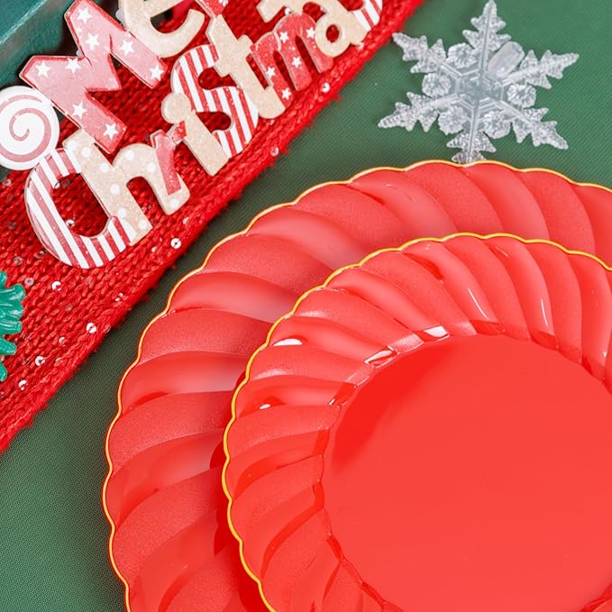 U-QE 100PCS Red Plastic Plates - Heavy Duty Red Plates Disposable for Party with Gold Rim - Include 50PCS 9inch Dinner Plates and 50PCS 6inch Dessert/Salad Plates for Party