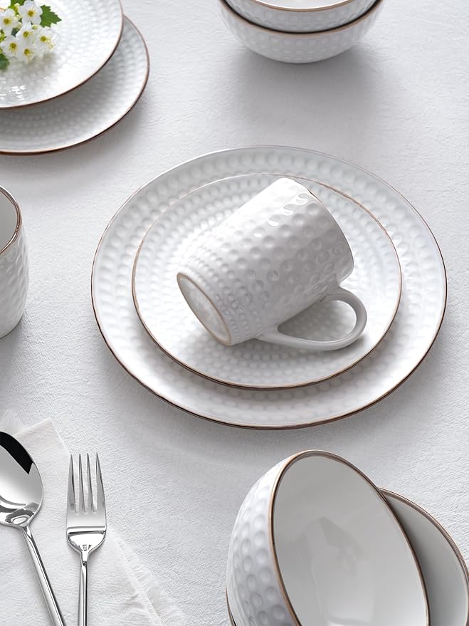 Famiware Eden Plates and Bowls Sets, Stoneware Dinnerware Sets with Gold Trim, 12 Pieces Dishes Set for 4 - Chip and Scratch Resistant, Microwave and Dishwasher Safe, White Circle