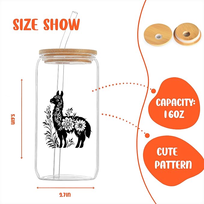 Cute Llama Glass Cup With Lids And Straws, Llama Gift For Women, Iced, Coffee, Smoothie, Cocktail, Beer, Whiskey, Soda, Matcha,16 Oz, Home Office Table Desk Decoration!