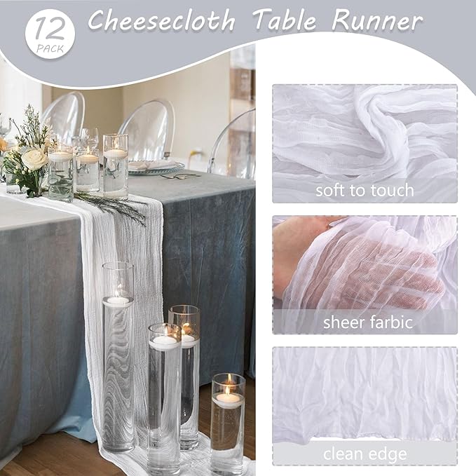 12 Pack 13Ft Cheesecloth Table Runner 35x157 Inch Boho Gauze Table Runner Cheese Cloth Long Table Runner Rustic Table Runner for Wedding Bridal Shower Birthday Party Table Decor (White)