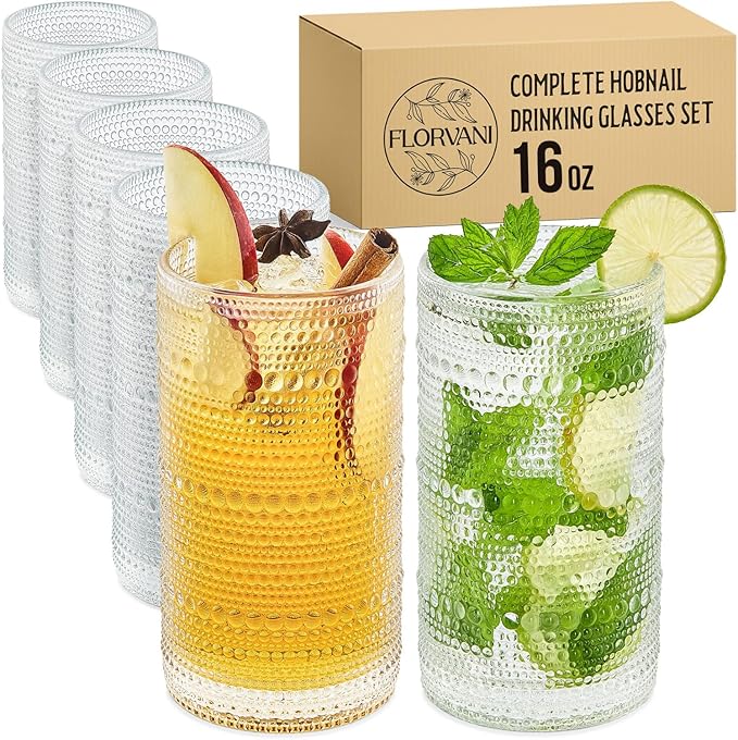 16 Oz Hobnail Drinking Glasses Set of 6 - Clear Multipurpose Glassware Sets, Decorative & Stylish Glasses Drinking Set for Bar, Kitchen, Cocktail Glassware, Garden - Home, Dining, & Kitchen
