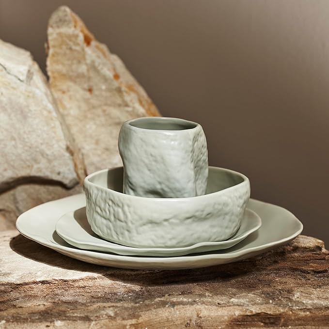 Stone by Mercer Project Atik Modern Stoneware 16-Piece Dinnerware Set, Plate and Bowl Set, Dish set for 4, Sage-Grey