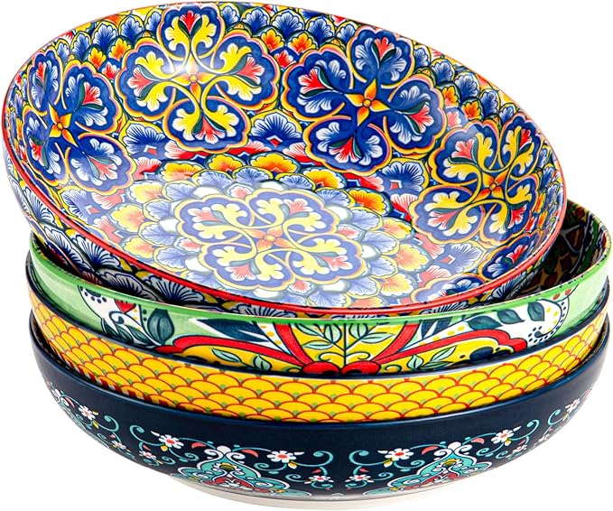 HENXFEN LEAD Pasta & Salad Bowls Set of 4, 45 oz Large Ceramic Serving Bowls – Colorful 9 Inch Wide & Shallow Bowls for Soup & Pasta, Microwave & Dishwasher Safe