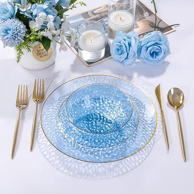 Rubtlamp 30 Pack Blue Disposable Bowls, Clear Plastic Bowls with Gold Rim, 12-16oz Premium Heavy Duty Plastic Dinner Bowls for Party, Wedding and Holiday