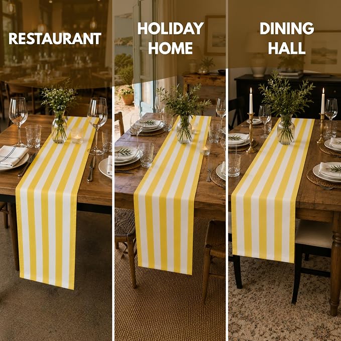 Folkulture Fall Table Runner 108 Inches Long | Yellow & White Striped | Table - Image 6