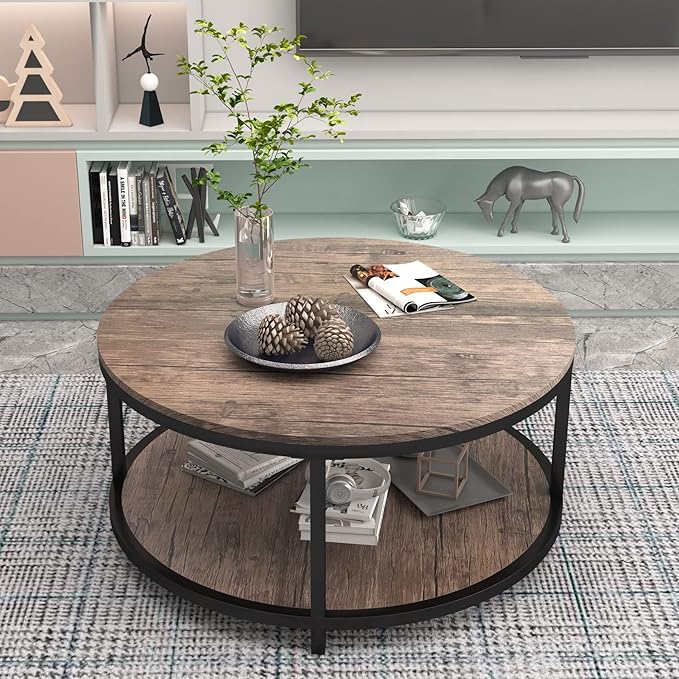 NSdirect Round Coffee Table, 36” Coffee Table for Living Room, 2-Tier Wood Desktop & Sturdy Metal Legs Table Home Furniture with Storage Shelf (Walnut)