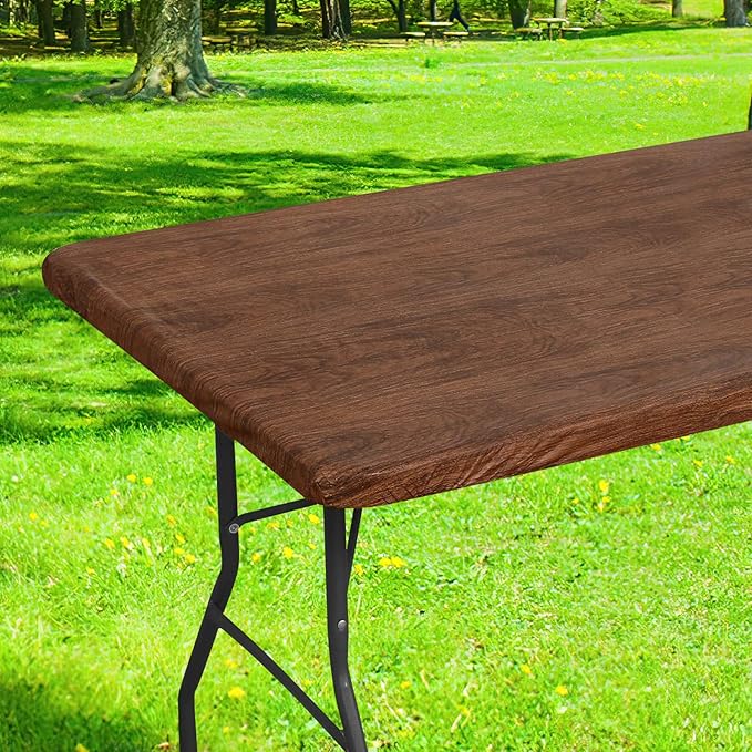 Smiry Rectangle Table Cloth Cover, Waterproof Elastic Fitted Picnic Tablecloth for 4 Foot Tables, Wipeable Flannel Backed Vinyl Tablecloths for Camping, Dining, Outdoor (Brown, 30" x 48")