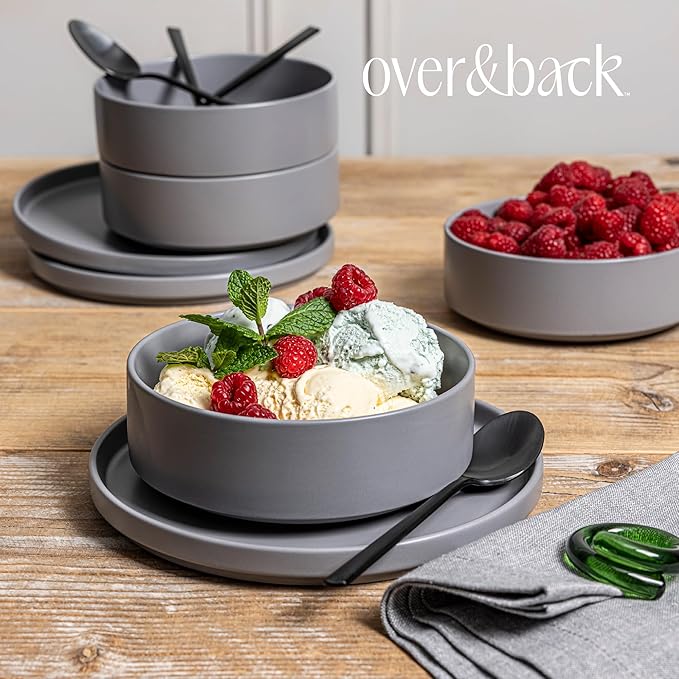 over&back Stackable Cereal Bowl Set - Stoneware Dishes - Comes with 4 Cereal Bowls - Easy-to-Stack Breakfast Place Settings - 6.2" x 6.2" x 2.2" - 25oz - Semi-Matte Charcoal