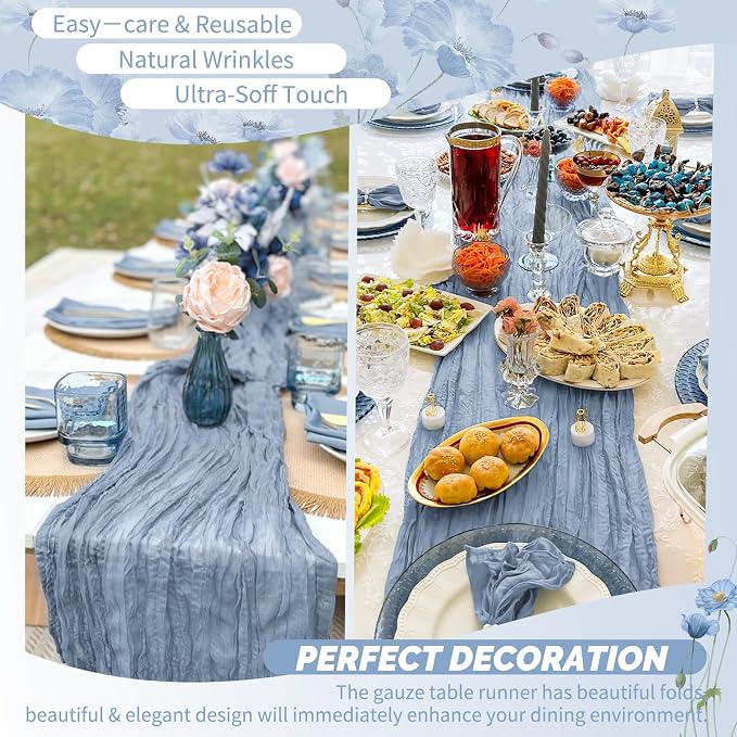 Showgeous 4 Pack Dusty Blue Cheesecloth Table Runner, 17 x 108 Inches | Boho - Image 6