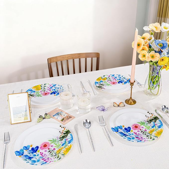 DaYammi 20Pcs Wildflower Plastic Plates-Floral Plastic Plates Disposable Heavy Duty,Fancy Floral Pattern Perfect for Wedding,Holidays - 10.25" Dinner Plate,7.5" Dessert Plate for Party Valentine's Day