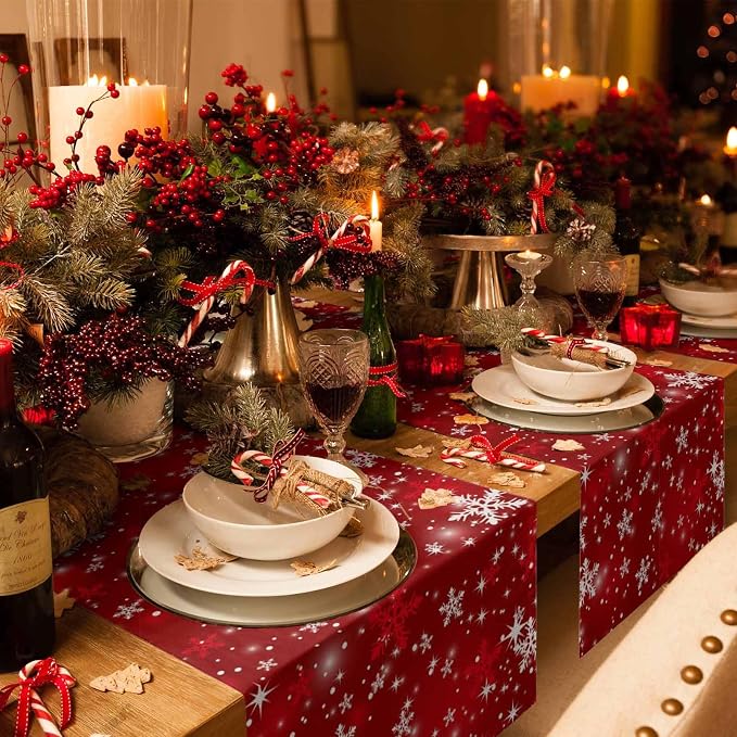 Red Christmas Table Runners 72 Inches Long, Cotton Linen Fabric Snowflake Table - Image 2