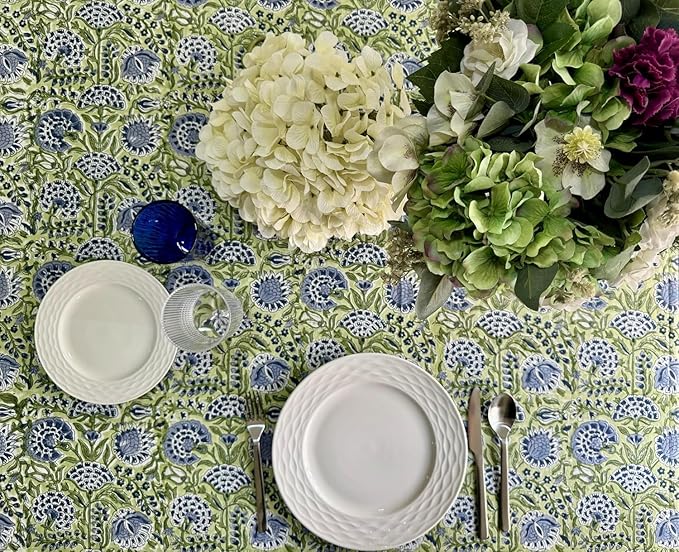 ATOSII Amara 100% Cotton Fall Tablecloth, Handblock Floral Print Rectangle Linen for Kitchen Dining I Parties Wedding Outdoors Picnics Easter I Spring Summer 72 X 120 Inches I 10 Seater Table