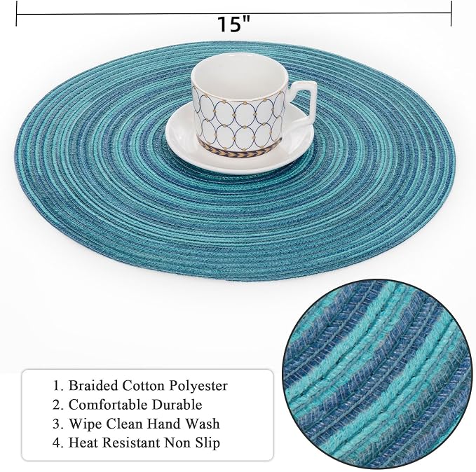 SHACOS 15 inch Round Placemats Set of 8 Variegated Multicolor Place Mats Cotton - Image 4