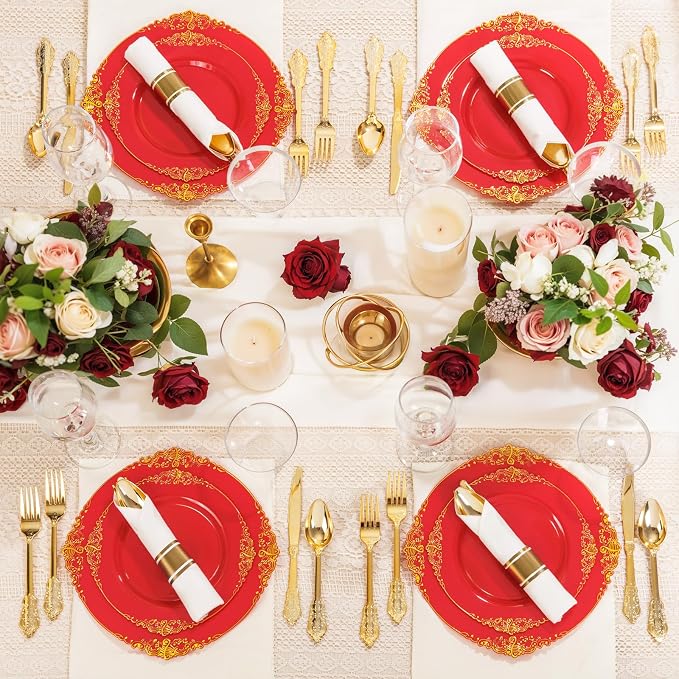 Nervure 350Pcs Red Plastic Plates, Disposable Dinnerware Set - Image 4