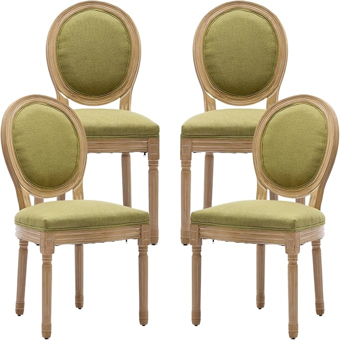 Vintage French Dining Chairs Set of 4, Round Back Upholstered Accent Chairs in Linen Fabric with Solid Wood Frame, Farmhouse Sillas de Comedor for Dining Room & Kitchen, Olive Green