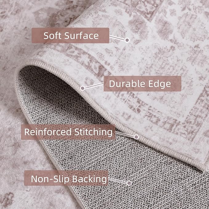 Light Pink Area Rugs 3x5 Nursery Rug for Baby Girl Neutral Floral Area Rug for Living Room, Vintage Boho Washable Rug Indoor Carpet for Bedroom Dining Room