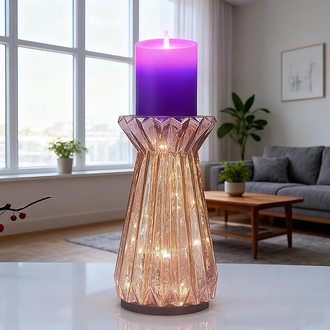 Home Decor, Mercury Glass Pillar Candle Pedestal Holders with led Lights, Lighted up Candle Holder for Pillar Candle, Glass Candlestick Holders with Timer for Wedding Dining Table Xmas (Rosegold)