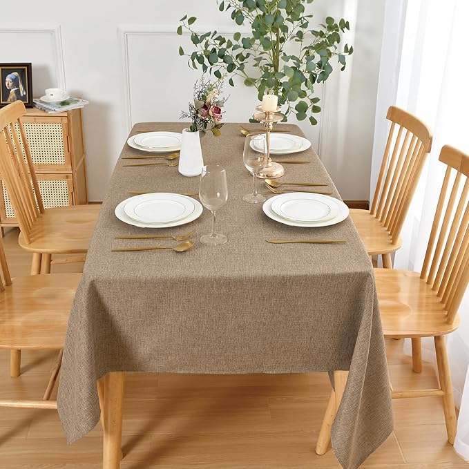JIUZHEN Faux Linen Farmhouse Tablecloth Rectangular, Wrinkle Stain Resistant Table Cloth Rectangle Table Cover for Kitchen Dining, Holiday Party Dinner, Khaki, 60 x 140 Inch