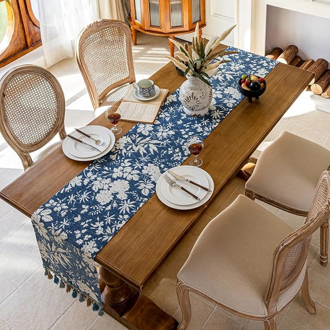 Floral Botanical Jacquard Small Table Runner Blue 13 x 48 Inch | Jacquard Flower - Image 4