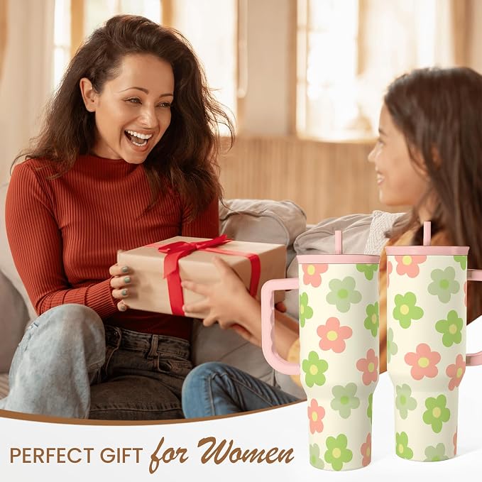 SANDJEST Daisy Tumbler with Handle 40oz, Floral Cup Stainless Steel Insulated - Image 8