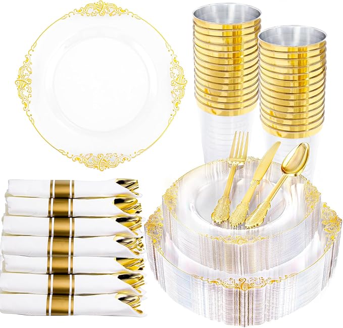 Hioasis 210pcs Clear and Gold Plates - Clear Party Plates for 30 Guest, Include 60 Heavy-duty Plates(20% Thicker Than Standard), 30 Pre Rolled Gold Plastic Silverware Set, 30 Cups