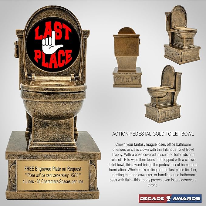 Decade Awards Action Pedestal Gold Toilet Bowl Trophy with Optional Inserts - Custom Engraved Plate On Request (7 Inch Tall)