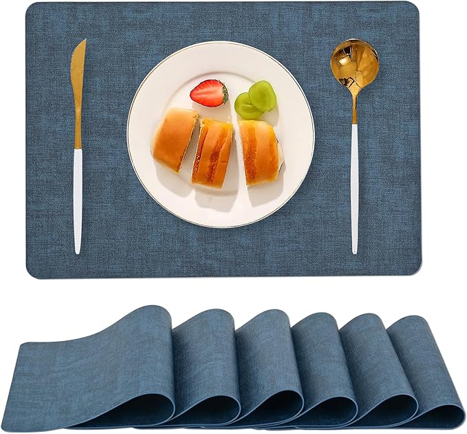 Faux Leather Placemats Set of 6, Heat Resistant Wipeable Washable Vinyl Place Mats, Waterproof Anti-Slip Dining Table Mats, Suitable for Indoor & Outdoor Use (Navy Blue)