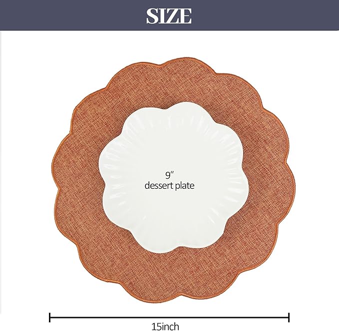 AHHFSMEI Round Faux Linen Placemats Set of 4 Waterproof Table Mats Heat Resistant Non-Slip and Stain Proof for Kitchen Dining Elegant Decor (Burnt Orange,4)
