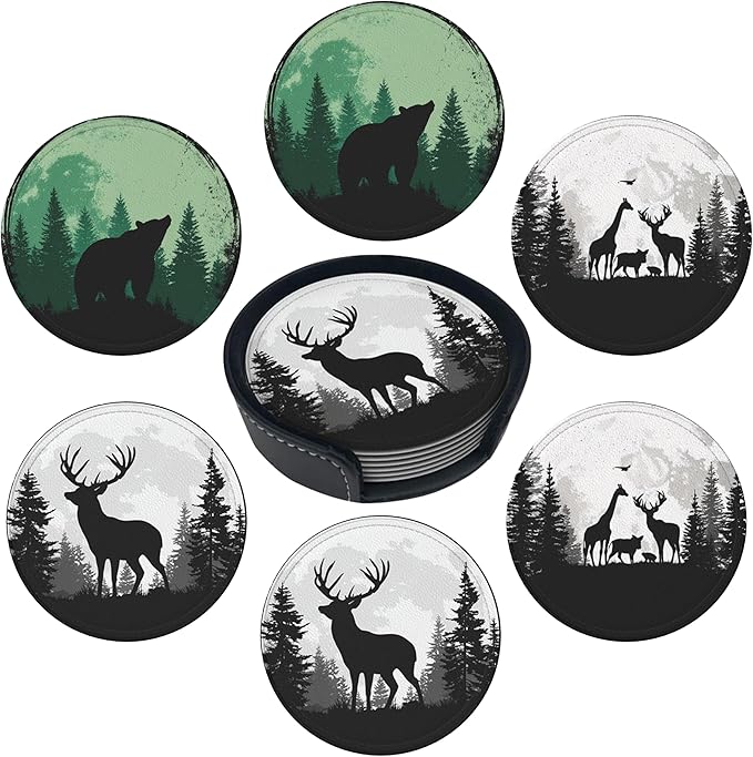 Deer Coasters Leather Round Drink Coasters 6 Pcs Set with Holderor for Cup Drink Coffee Table Bar Home Decor