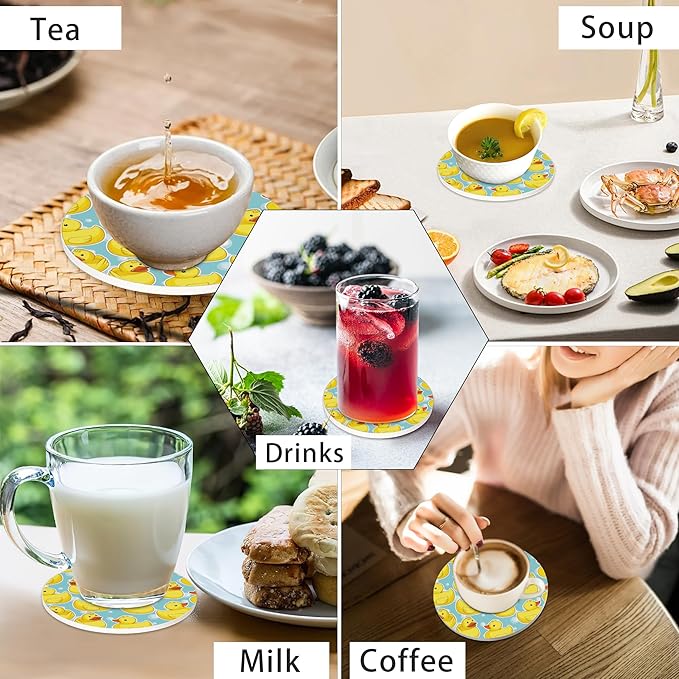 Drink Coasters for Drinks Set of 6,Cute Duck Absorbent Round Ceramic Stone Mat Coaster, with Cork Base and Metal Holder, Home Bar Decor House Warming Gift