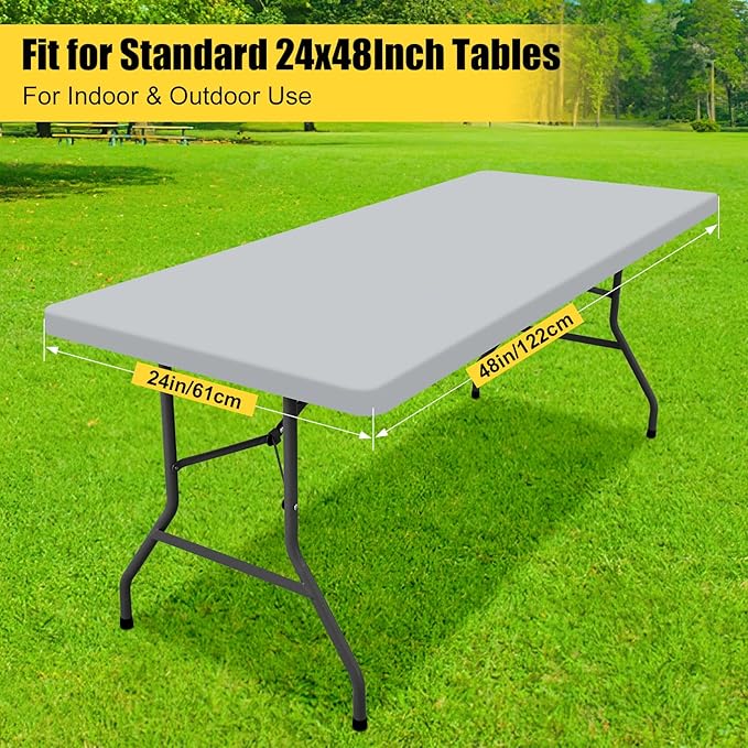 Smiry Rectangle Tablecloth, Elastic Fitted Flannel Backed Vinyl Tablecloths for 4ft Folding Tables, Waterproof Wipeable Table Covers for Indoor, Outdoor, Picnic and Camping (Light Grey, 24"x48")