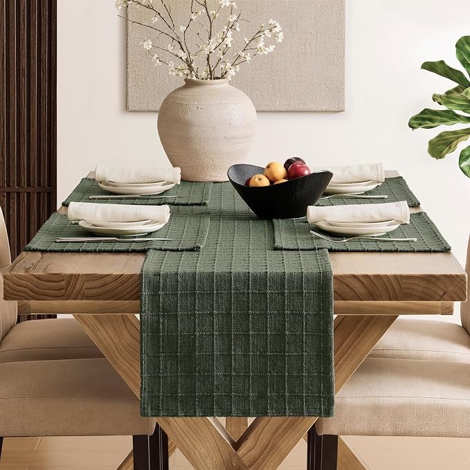Artisanal Grid Linen Table Runner, 13x36 Inches Army Green | Heavy Textured - Image 4