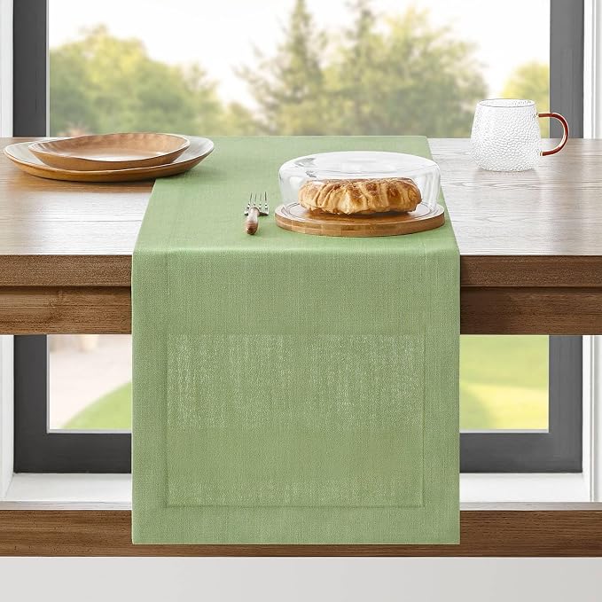 Linen Textured Border Table Runner, 14 x 48 Inch Green | Mitered Corner Design by ZEEMARTONLINE