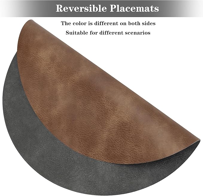 Round Placemats and Coasters Set of 4, Washable Reversible Faux Leather Placemats Cowhide Pattern Place Mats Wipeable Non-Slip 15 inch Round Kitchen Dining Table Mats (Gray Light Coffee, 4)