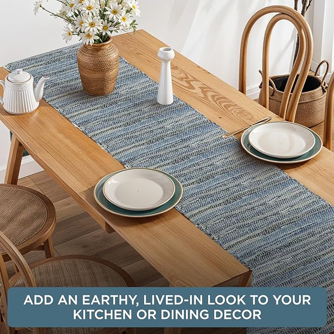 Perilla Home Chindi Table Runner Boho with Tassels 72 Inches Long Denim - Braided Rustic Farmhouse Fall Kitchen Dining Table Decoration for Party Wedding (Blue)