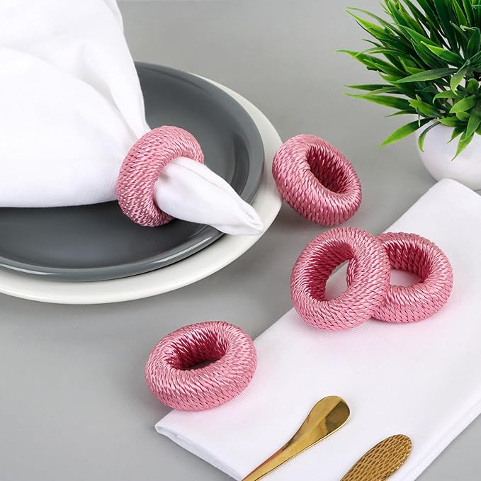 ALPHA Living HOME Napkin Rings for Dinner Table Set of 12 - Handmade Rayon Farmhouse Table Decor, Boho Chic Wedding Accessories, Holiday Party Decor, Dining Table Setting (Pink)