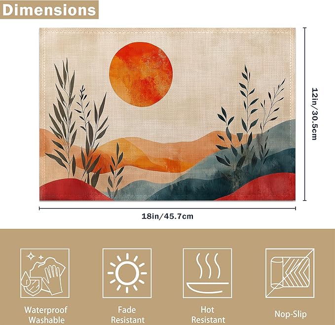 Mid Century Table Placemats Set of 6, Waterproof Linen Fabric, Non-Slip Backing & Easy Clean, Elegant Dining Table Protectors for Family and Guests(Abstract Sun)