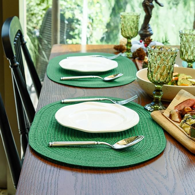 Noctiflorous Oval Braided Placemats Set of 6 Woven 12x18 Inch Non Slip Washable Heat Resistant Place Mats Round Tablemats for Dining Kitchen Party Daily Table Decor Dinner Mats (Green Shine, 6)