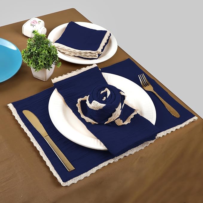 Fingercraft Dinner Cloth Napkin Cotton Muslin Double Gauze 8 Pack with Classic Lace for Everyday Use, Wedding, Party, Christmas, Easter Napkins Cloth are Pre Shrunk and Good Absorbency Navy