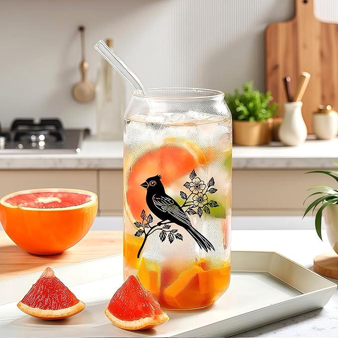 Cute Cardinal Glass Cup With Lids And Straws, Cardinal Gift For Women, Iced, Coffee, Smoothie, Cocktail, Beer, Whiskey, Soda, Matcha,16 Oz, Home Office Table Desk Decoration!