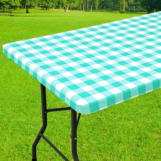 Smiry Rectangle Picnic Table Cloth, Elastic Waterproof Fitted Vinyl Tablecloths, Flannel Backed Buffalo Plaid Table Covers for Dining, Camping, Outdoor (White and Teal, 24" x 48")