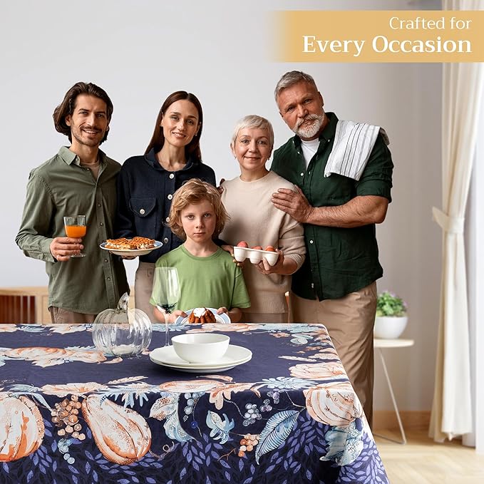 Maison d' Hermine Table Cloth Rectangle Table 100% Cotton 70 x 120 Inches Fall Tablecloth Reusable Everyday Use for Thanksgiving Christmas Decorations Dining Farmhouse Party (Pumpkin Blues)