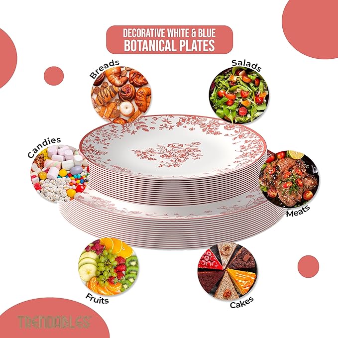 Trendables Disposable Plates For Party Supplies | Pink Floral Plastic Plates For Wedding 80 Pcs - 40 X 8 & 40 X 10 Dinner Plate Sets | Floral Plate Set Disposable Plastic Dinnerware Sets