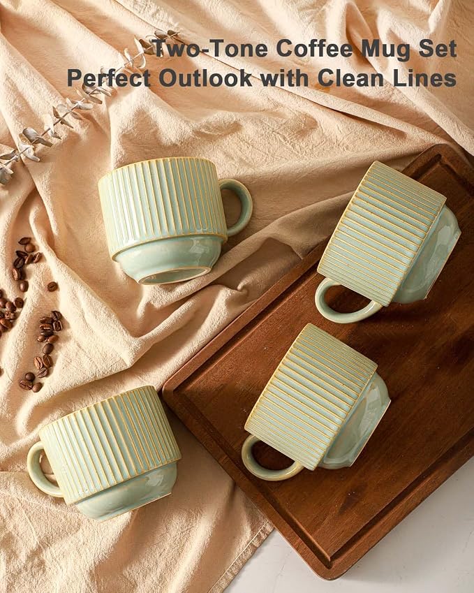 HASENSE Ceramic Coffee Mugs Set of 4 - 15 oz Stackable Large Porcelain Ribbed - Image 7