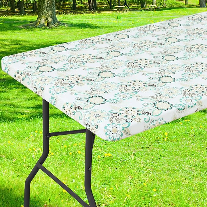 Smiry Rectangle Table Cloth Cover, Waterproof Elastic Fitted Picnic Tablecloth for 6 Foot Tables, Wipeable Flannel Backed Vinyl Tablecloths for Camping, Dining, Outdoor (Teal & White, 30" x 72")